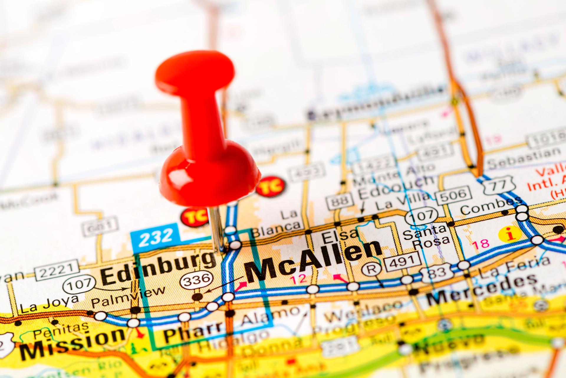 Payroll cities on map series: McAllen, Edinburg, Mission, Pharr, Weslaco, Mercedes, Alamo, Palmview, Donna